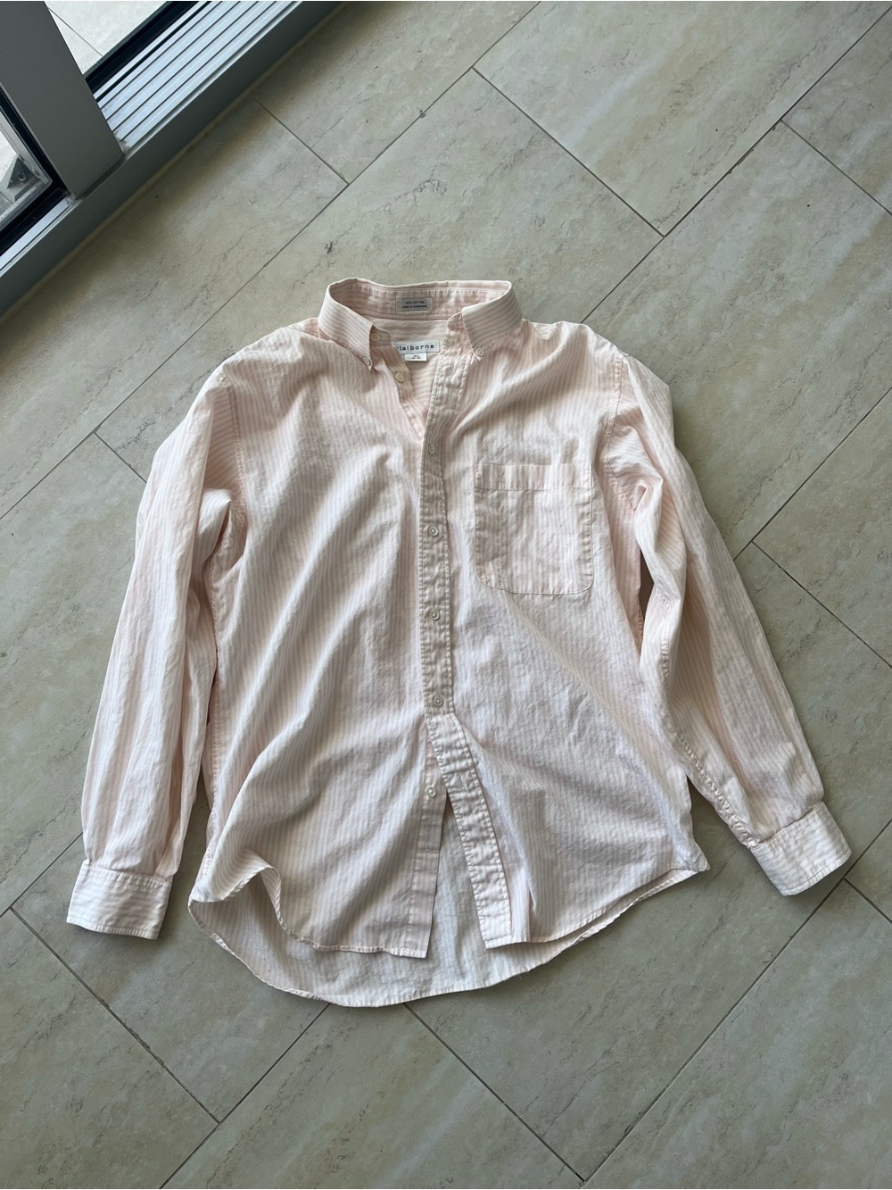Preppy Pastel Claiborne Miami Oxford Button Up Pink Yellow Striped 15 1/2